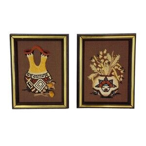 Vintage 70s Southwestern Native American Framed Crewel Embroidery Wall Hangings